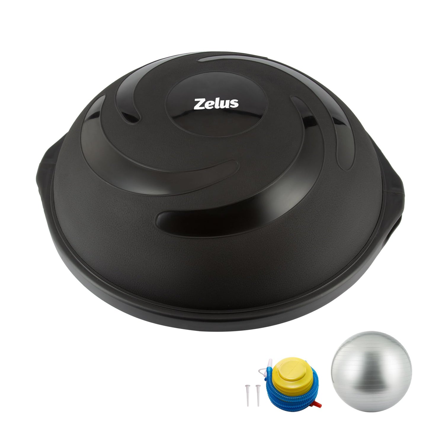 ZELUS 25in. Balance Ball | 660lb Inflatable Half Exercise Ball Wobble Board Balance Trainer w Nonslip Base | Half Yoga Ball Strength Training Equipment w 2 Bands, Pump, Extra Ball Included