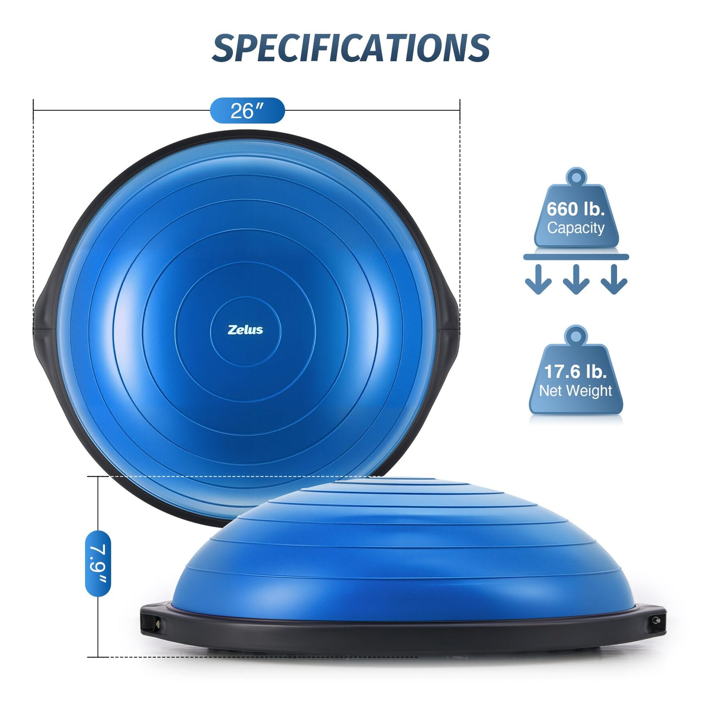 ZELUS 25in. Balance Ball | 660lb Inflatable Half Exercise Ball Wobble Board Balance Trainer w Nonslip Base | Half Yoga Ball Strength Training Equipment w 2 Bands, Pump, Extra Ball Included
