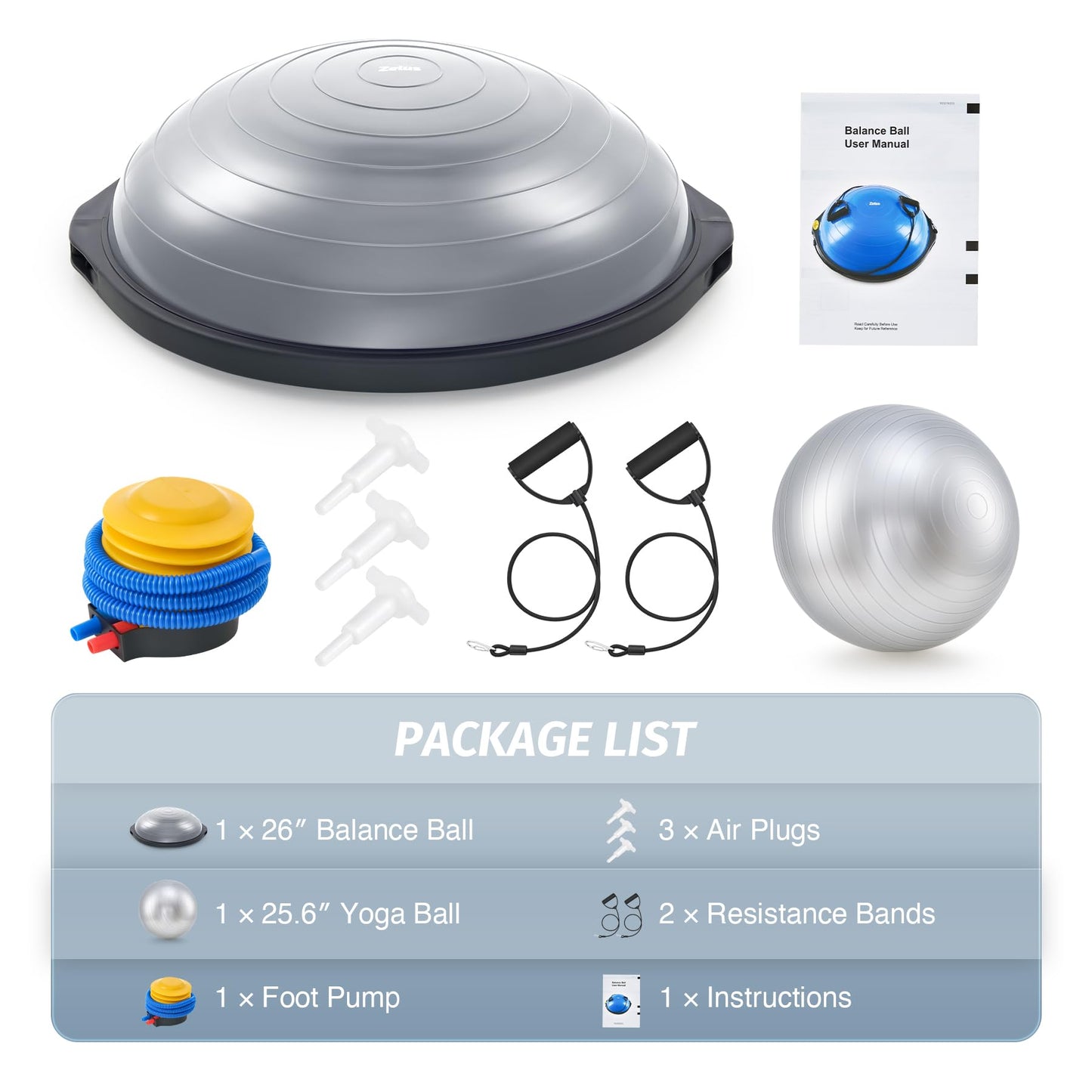 ZELUS 25in. Balance Ball | 660lb Inflatable Half Exercise Ball Wobble Board Balance Trainer w Nonslip Base | Half Yoga Ball Strength Training Equipment w 2 Bands, Pump, Extra Ball Included