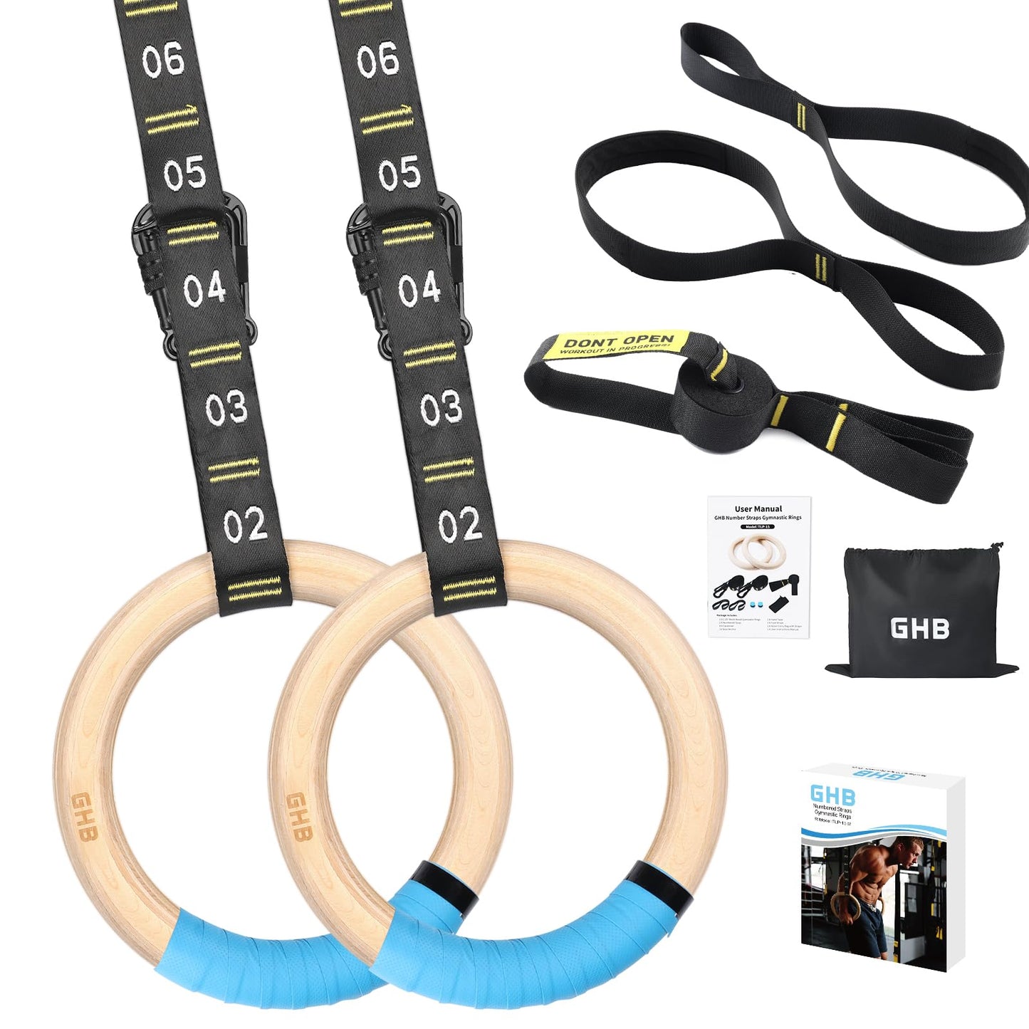 GHB Gymnastic Rings Wooden Gym Rings 1.25" Olympic Rings Adjustable Straps Pull Up Rings Sets for Workout Bodyweight Fitness Training