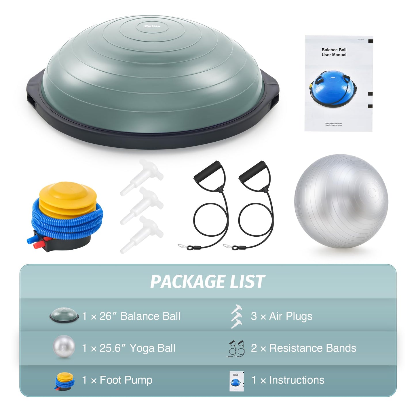 ZELUS 25in. Balance Ball | 660lb Inflatable Half Exercise Ball Wobble Board Balance Trainer w Nonslip Base | Half Yoga Ball Strength Training Equipment w 2 Bands, Pump, Extra Ball Included