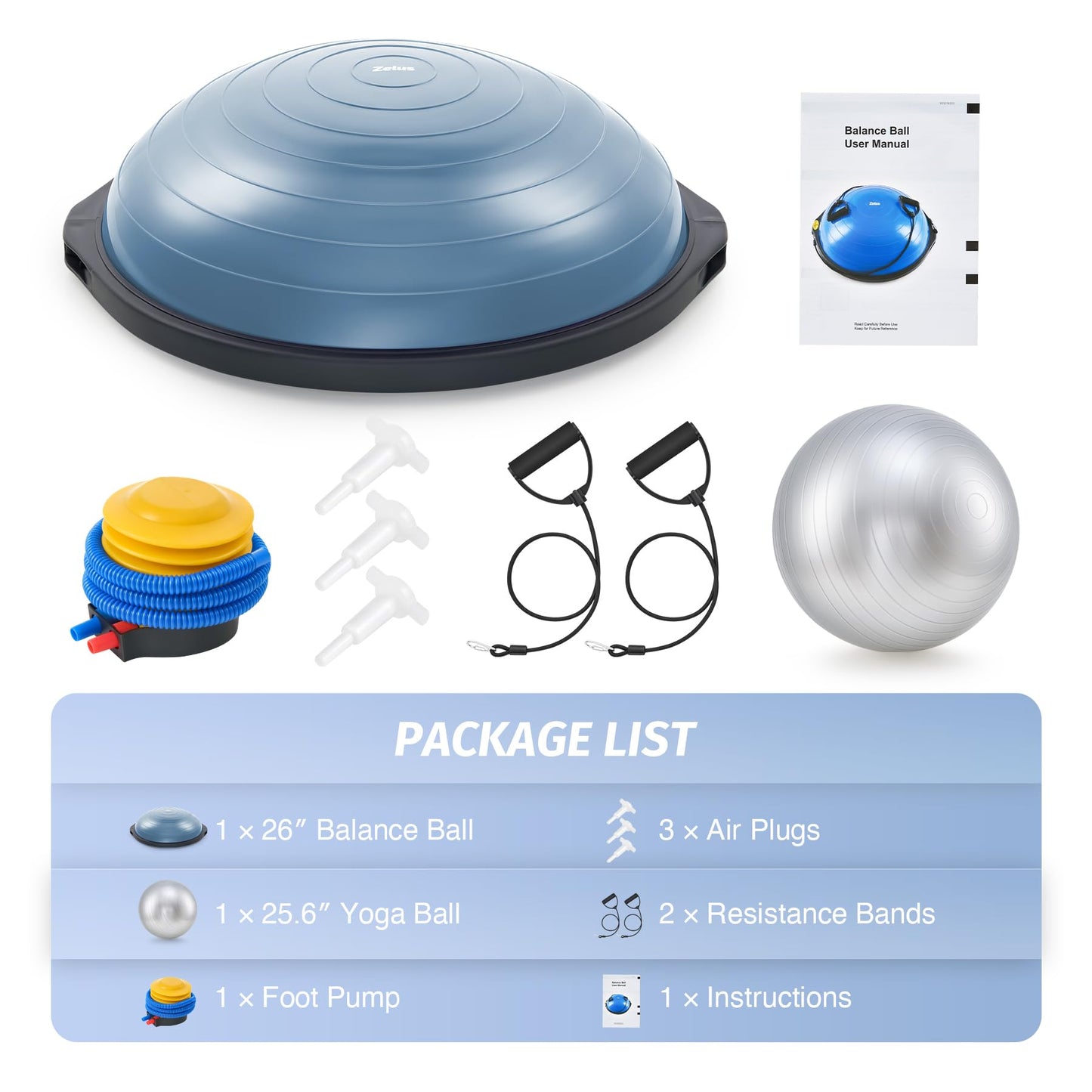 ZELUS 25in. Balance Ball | 660lb Inflatable Half Exercise Ball Wobble Board Balance Trainer w Nonslip Base | Half Yoga Ball Strength Training Equipment w 2 Bands, Pump, Extra Ball Included