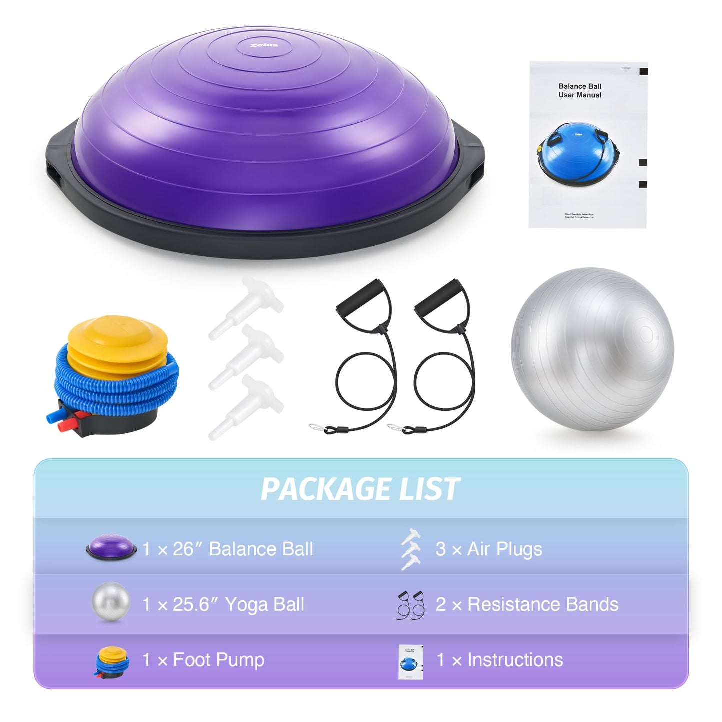 ZELUS 25in. Balance Ball | 660lb Inflatable Half Exercise Ball Wobble Board Balance Trainer w Nonslip Base | Half Yoga Ball Strength Training Equipment w 2 Bands, Pump, Extra Ball Included