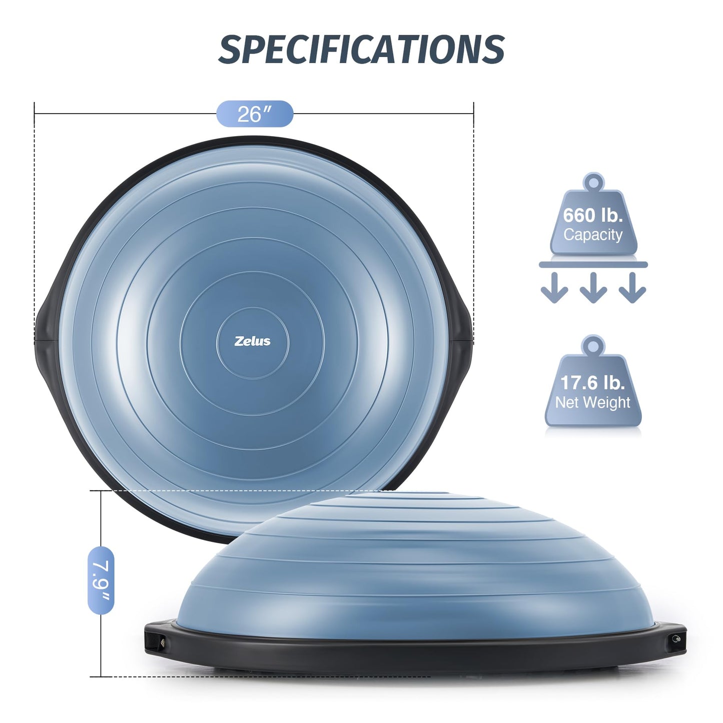 ZELUS 25in. Balance Ball | 660lb Inflatable Half Exercise Ball Wobble Board Balance Trainer w Nonslip Base | Half Yoga Ball Strength Training Equipment w 2 Bands, Pump, Extra Ball Included