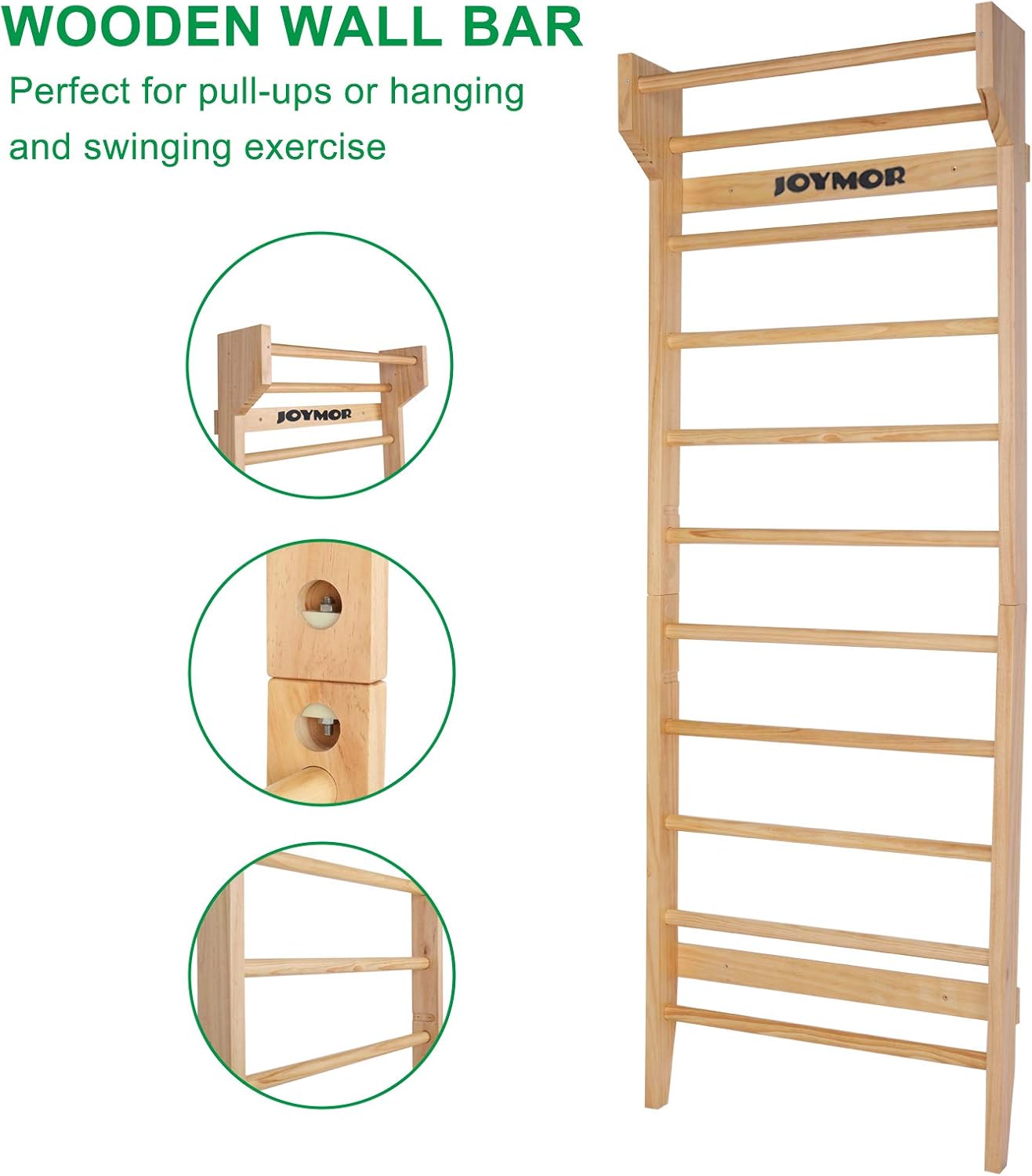 JOYMOR Gymnastics Wood Stall Bar, Multi-use Swedish Ladder- Wall Mounted Pull Up Bar-Physical Therapy for Stretching and Various Exercises,Indoor Home Gym Workout Yoga