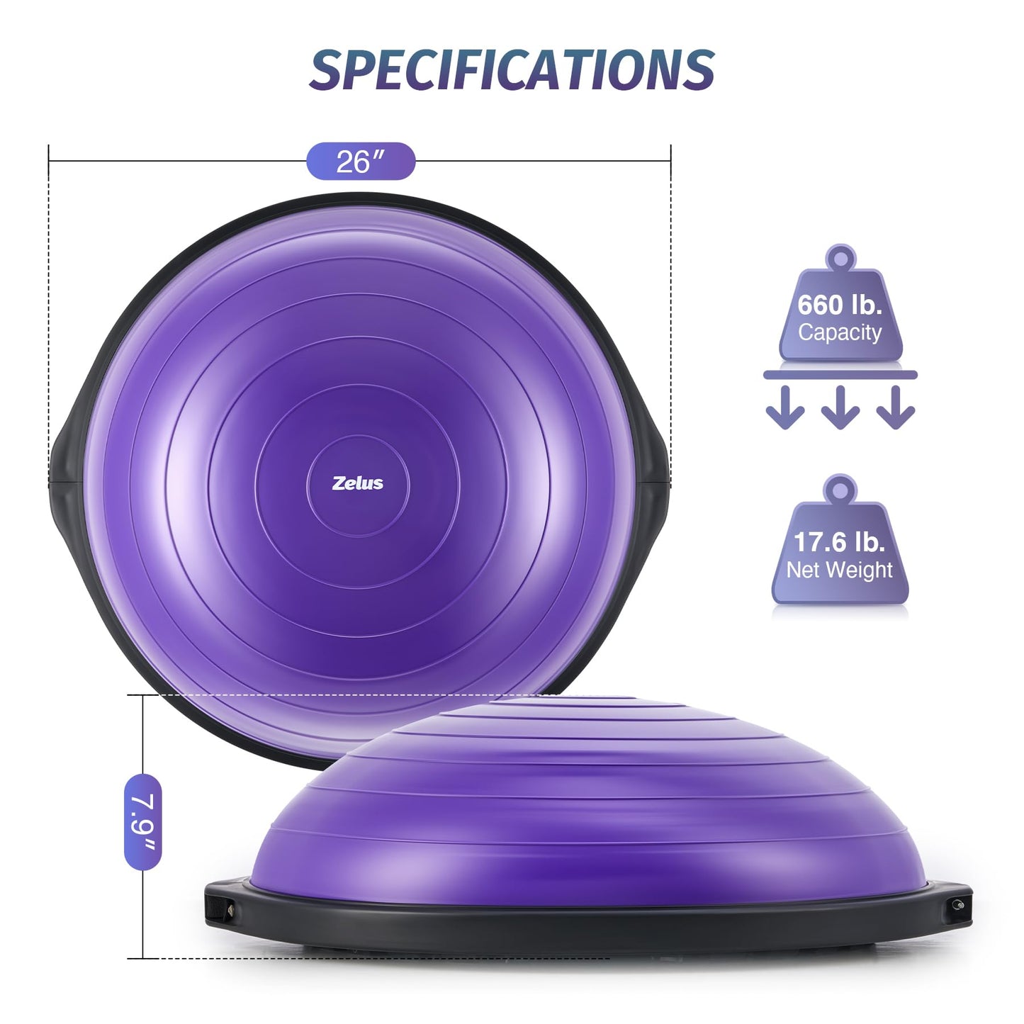 ZELUS 25in. Balance Ball | 660lb Inflatable Half Exercise Ball Wobble Board Balance Trainer w Nonslip Base | Half Yoga Ball Strength Training Equipment w 2 Bands, Pump, Extra Ball Included
