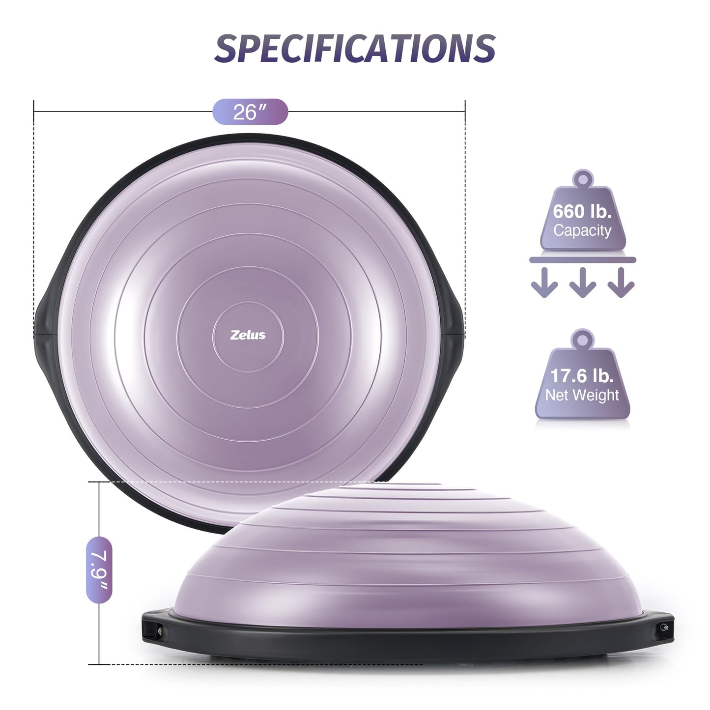 ZELUS 25in. Balance Ball | 660lb Inflatable Half Exercise Ball Wobble Board Balance Trainer w Nonslip Base | Half Yoga Ball Strength Training Equipment w 2 Bands, Pump, Extra Ball Included