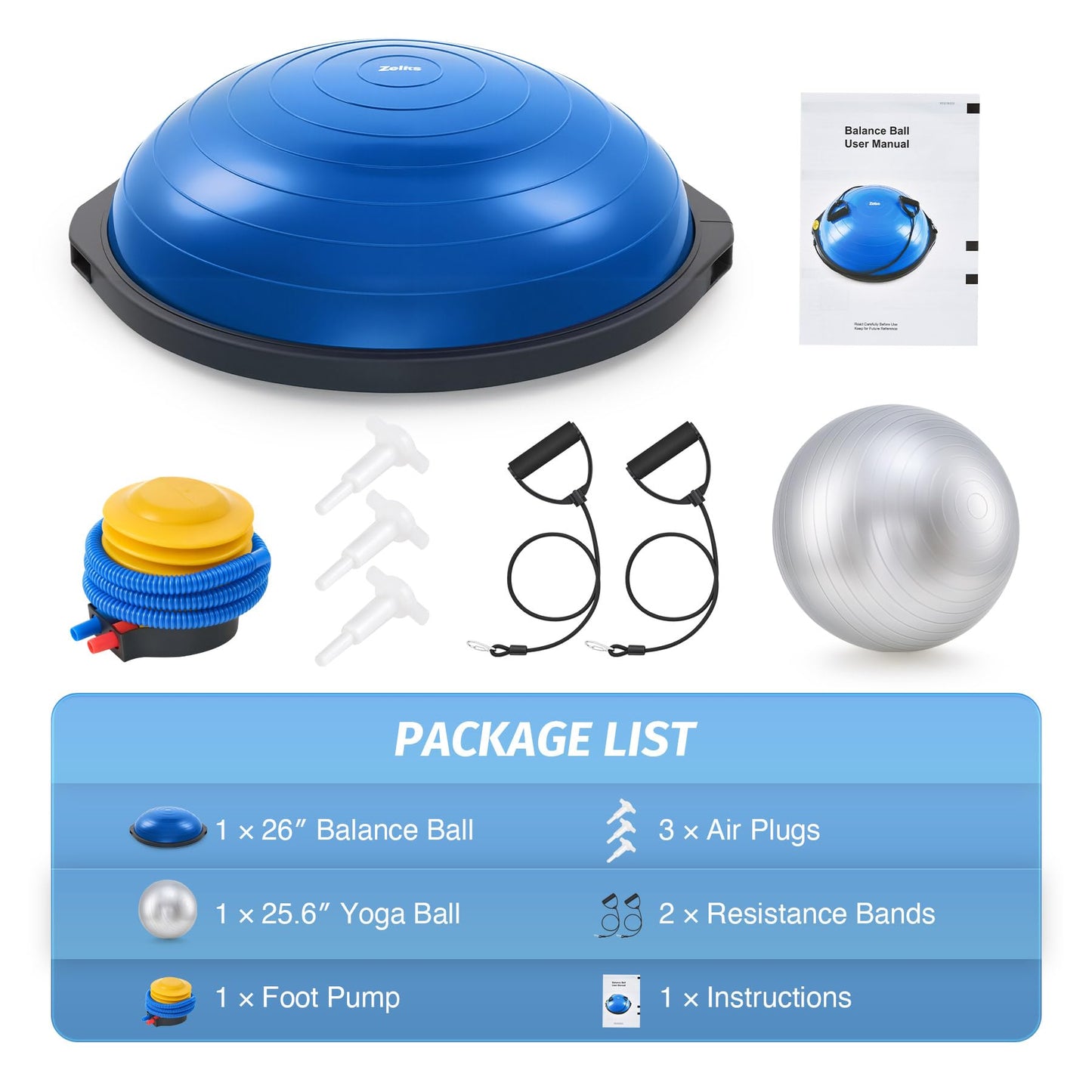 ZELUS 25in. Balance Ball | 660lb Inflatable Half Exercise Ball Wobble Board Balance Trainer w Nonslip Base | Half Yoga Ball Strength Training Equipment w 2 Bands, Pump, Extra Ball Included