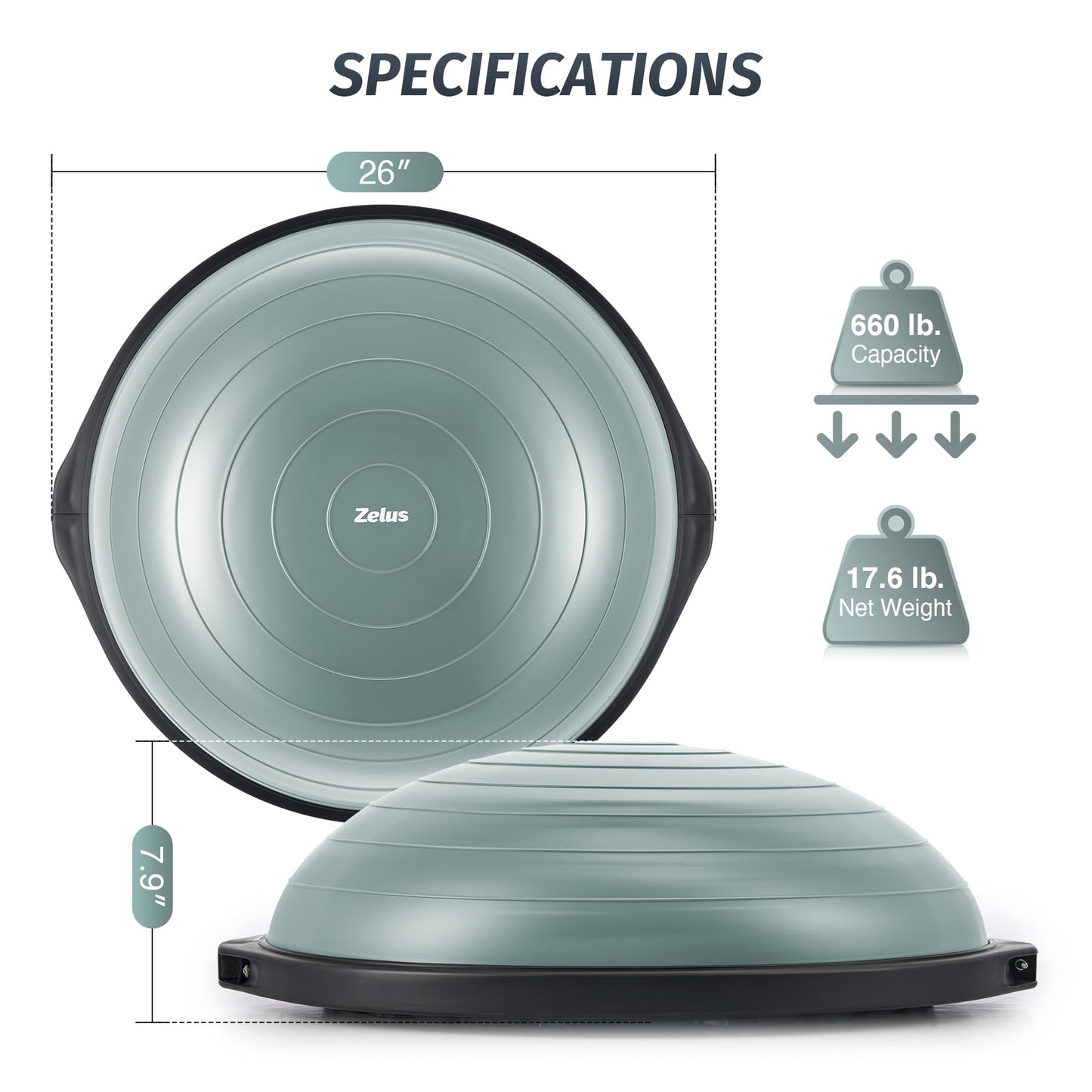 ZELUS 25in. Balance Ball | 660lb Inflatable Half Exercise Ball Wobble Board Balance Trainer w Nonslip Base | Half Yoga Ball Strength Training Equipment w 2 Bands, Pump, Extra Ball Included