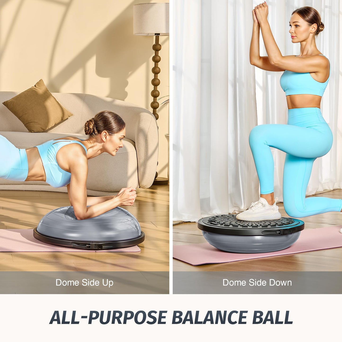 ZELUS 25in. Balance Ball | 660lb Inflatable Half Exercise Ball Wobble Board Balance Trainer w Nonslip Base | Half Yoga Ball Strength Training Equipment w 2 Bands, Pump, Extra Ball Included