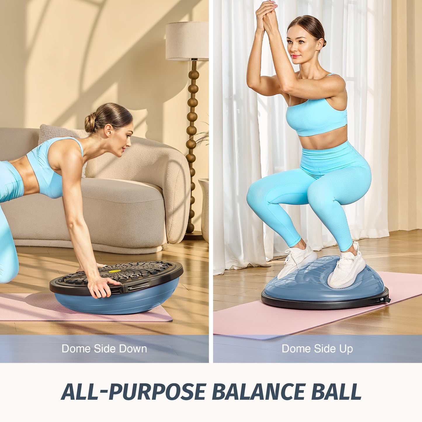 ZELUS 25in. Balance Ball | 660lb Inflatable Half Exercise Ball Wobble Board Balance Trainer w Nonslip Base | Half Yoga Ball Strength Training Equipment w 2 Bands, Pump, Extra Ball Included