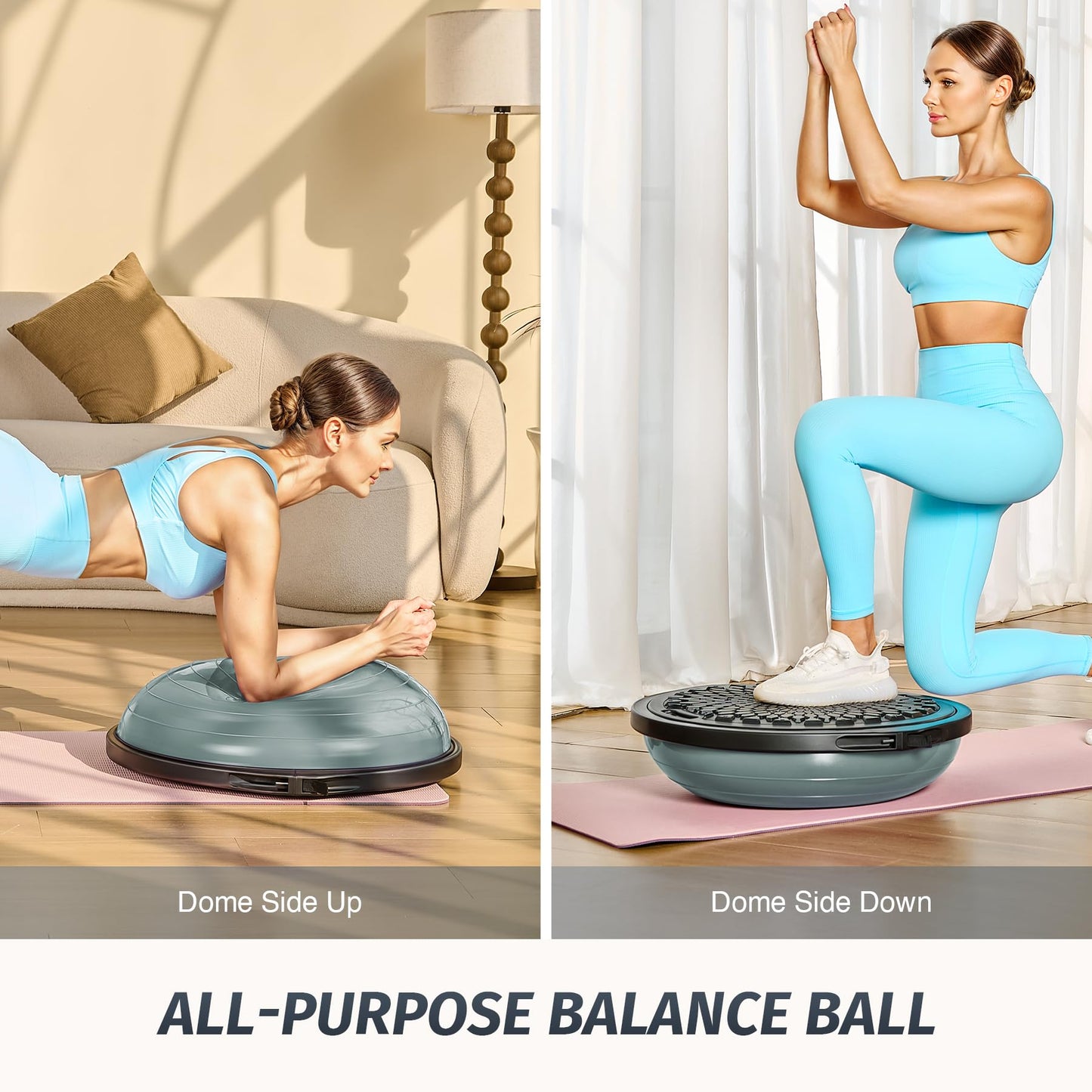 ZELUS 25in. Balance Ball | 660lb Inflatable Half Exercise Ball Wobble Board Balance Trainer w Nonslip Base | Half Yoga Ball Strength Training Equipment w 2 Bands, Pump, Extra Ball Included
