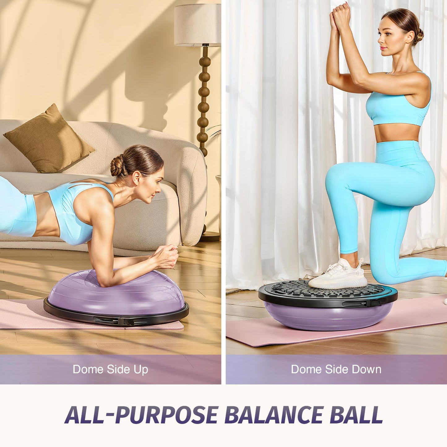 ZELUS 25in. Balance Ball | 660lb Inflatable Half Exercise Ball Wobble Board Balance Trainer w Nonslip Base | Half Yoga Ball Strength Training Equipment w 2 Bands, Pump, Extra Ball Included