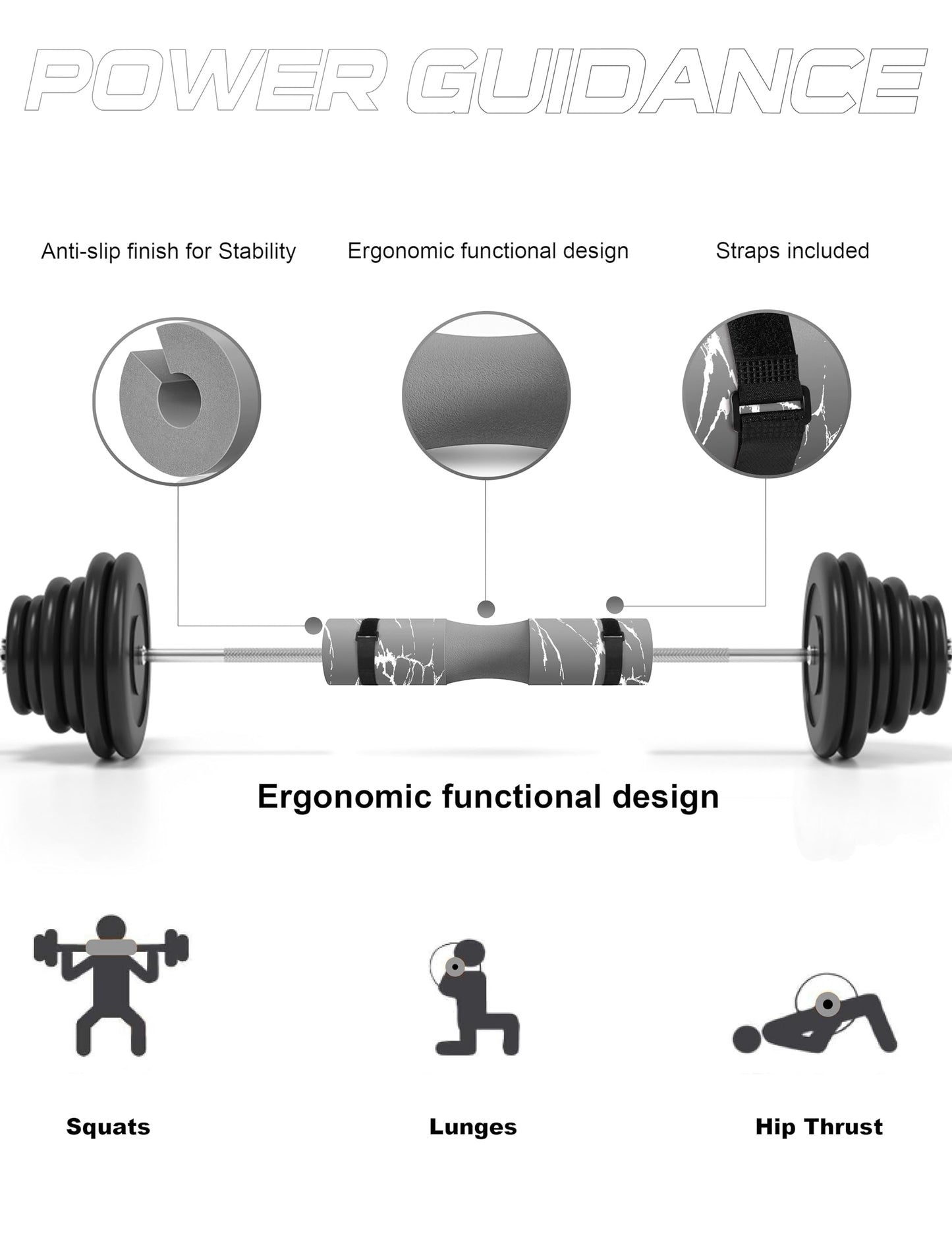 POWER GUIDANCE Barbell Squat Pad - Neck & Shoulder Protective Pad - Great for Squats, Lunges, Hip Thrusts, Weight Lifting & More - Fit Standard and Olympic Bars Perfectly