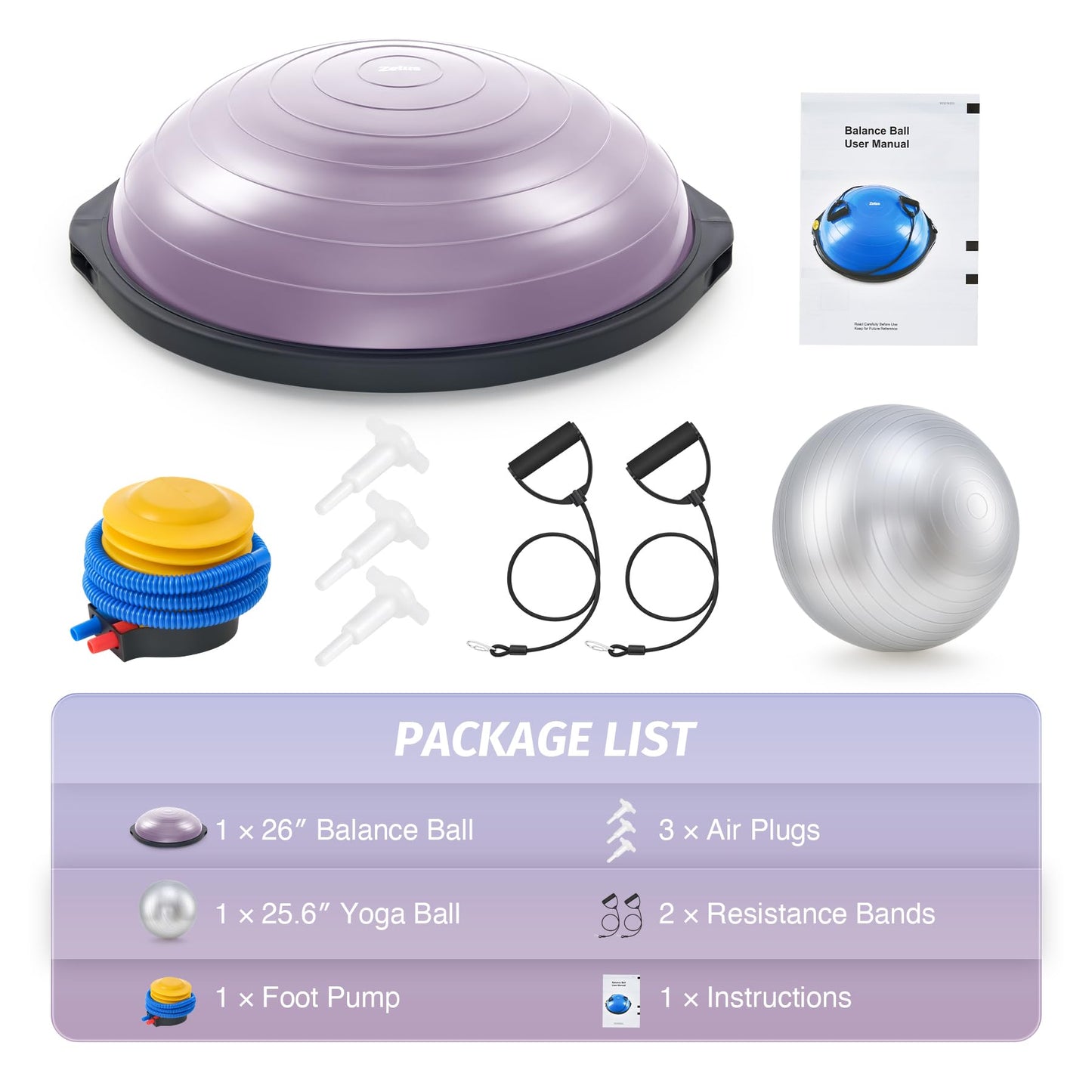 ZELUS 25in. Balance Ball | 660lb Inflatable Half Exercise Ball Wobble Board Balance Trainer w Nonslip Base | Half Yoga Ball Strength Training Equipment w 2 Bands, Pump, Extra Ball Included
