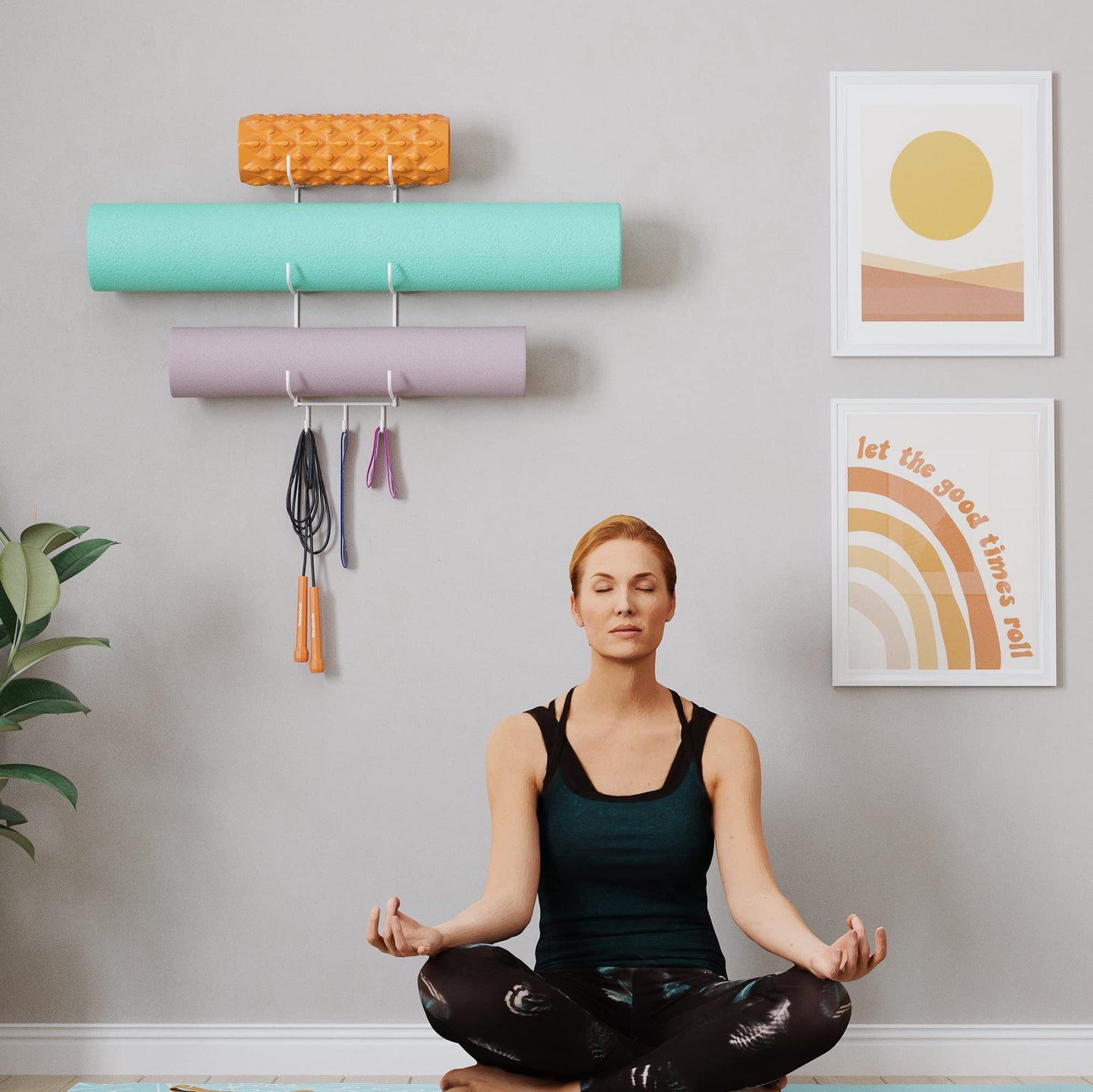 Wallniture Guru Wall Mount Yoga Mat Foam Roller and Towel Rack with 3 Hooks for Hanging Yoga Strap and Resistance Bands, 3-Sectional Metal