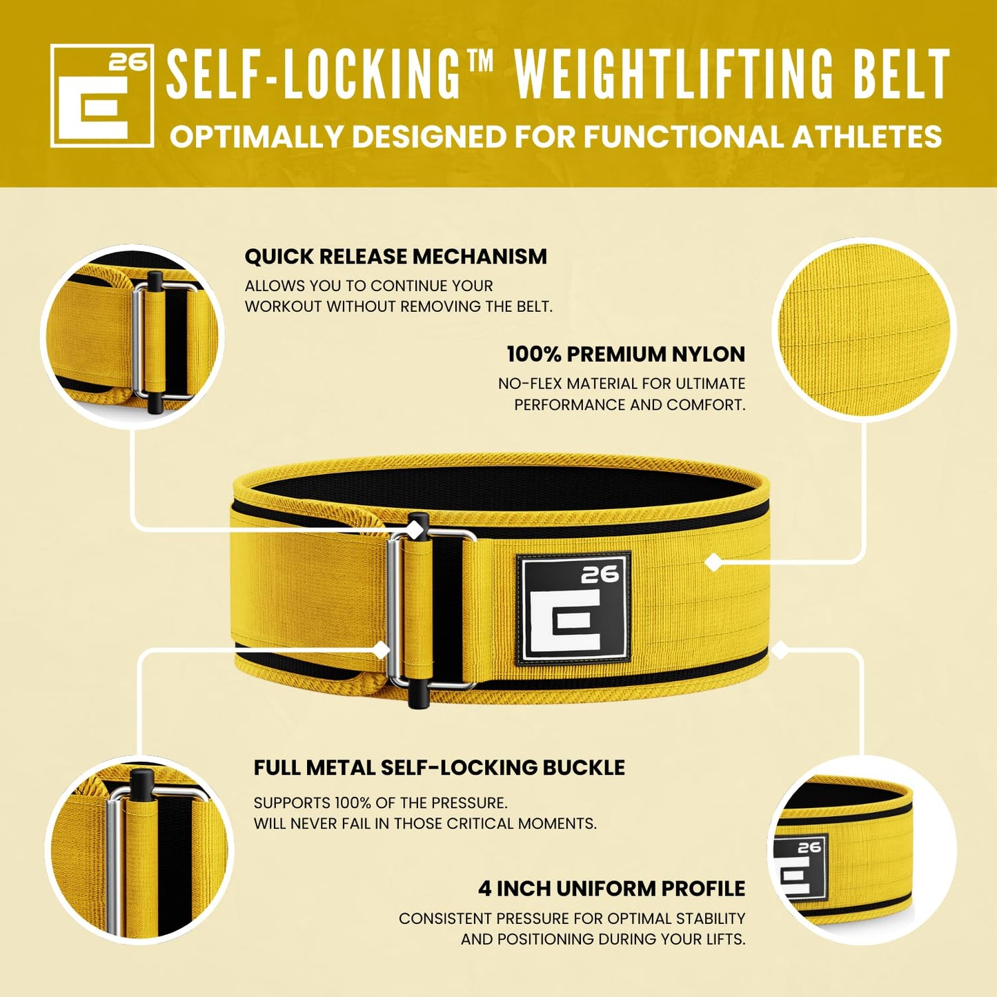 Self-Locking Weight Lifting Belt - Premium Weightlifting Belt for Serious Functional Fitness, Weight Lifting, and Olympic Lifting Athletes - Lifting Support for Men and Women - Deadlift Training Belt