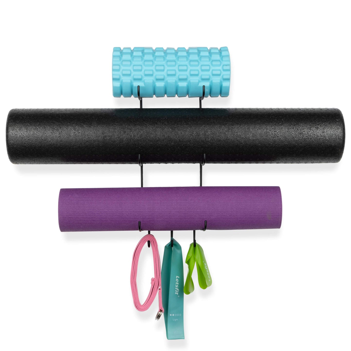 Wallniture Guru Wall Mount Yoga Mat Foam Roller and Towel Rack with 3 Hooks for Hanging Yoga Strap and Resistance Bands, 3-Sectional Metal