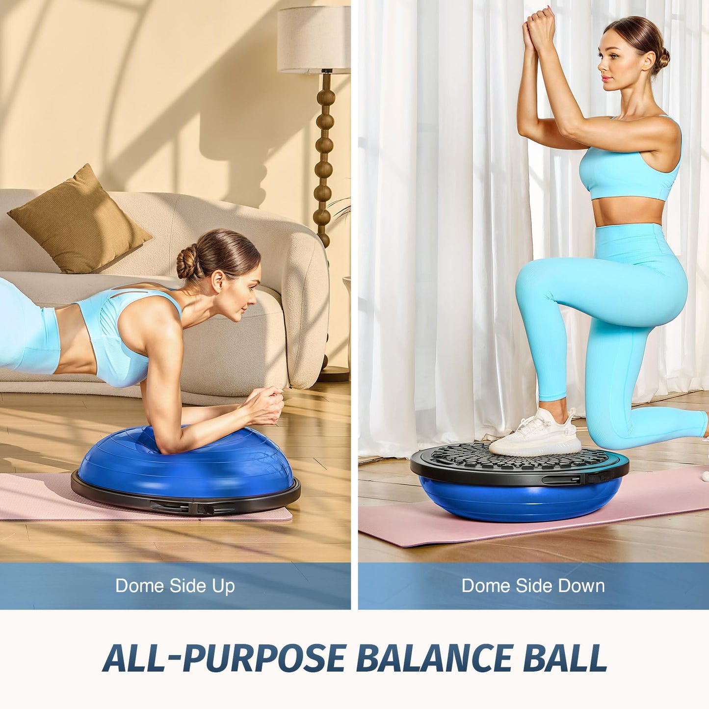 ZELUS 25in. Balance Ball | 660lb Inflatable Half Exercise Ball Wobble Board Balance Trainer w Nonslip Base | Half Yoga Ball Strength Training Equipment w 2 Bands, Pump, Extra Ball Included