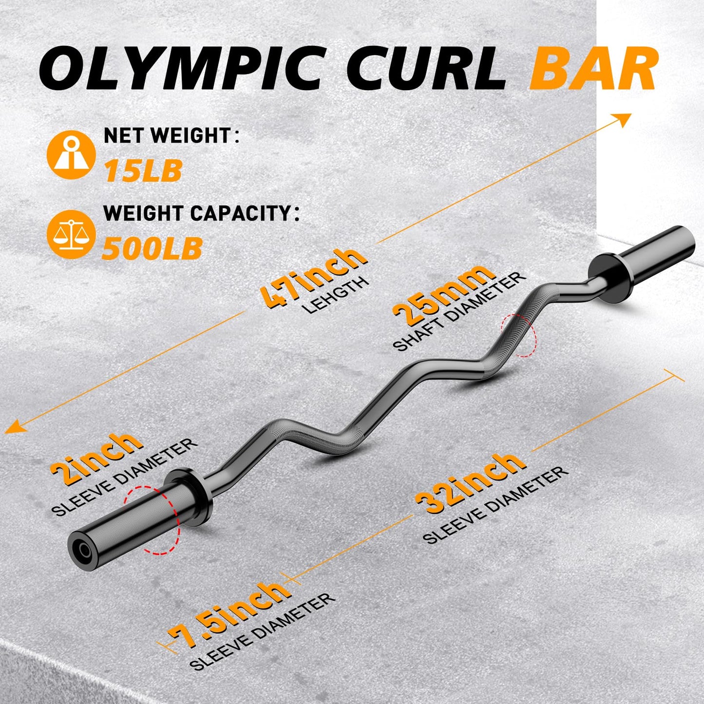 Olympic EZ Curl Barbell Bar 47", 2-Inch Curl Bar for Weight Lifting,Hip Thrusts,Squat,Biceps-Home Gym Weight Bar, Chrome Curling Bar for 2 Inch Weight Plates -2 Spring Collars(500lb Weight Capacity)