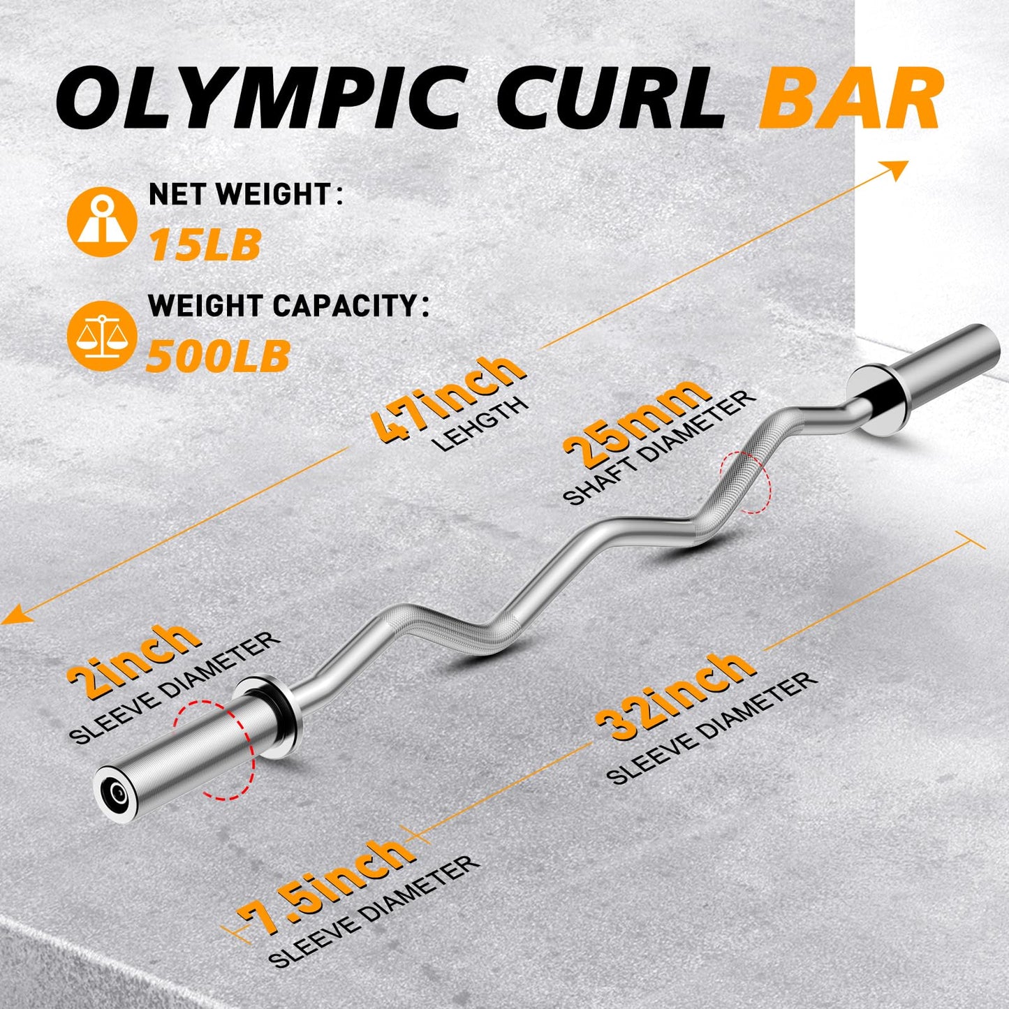 Olympic EZ Curl Barbell Bar 47", 2-Inch Curl Bar for Weight Lifting,Hip Thrusts,Squat,Biceps-Home Gym Weight Bar, Chrome Curling Bar for 2 Inch Weight Plates -2 Spring Collars(500lb Weight Capacity)