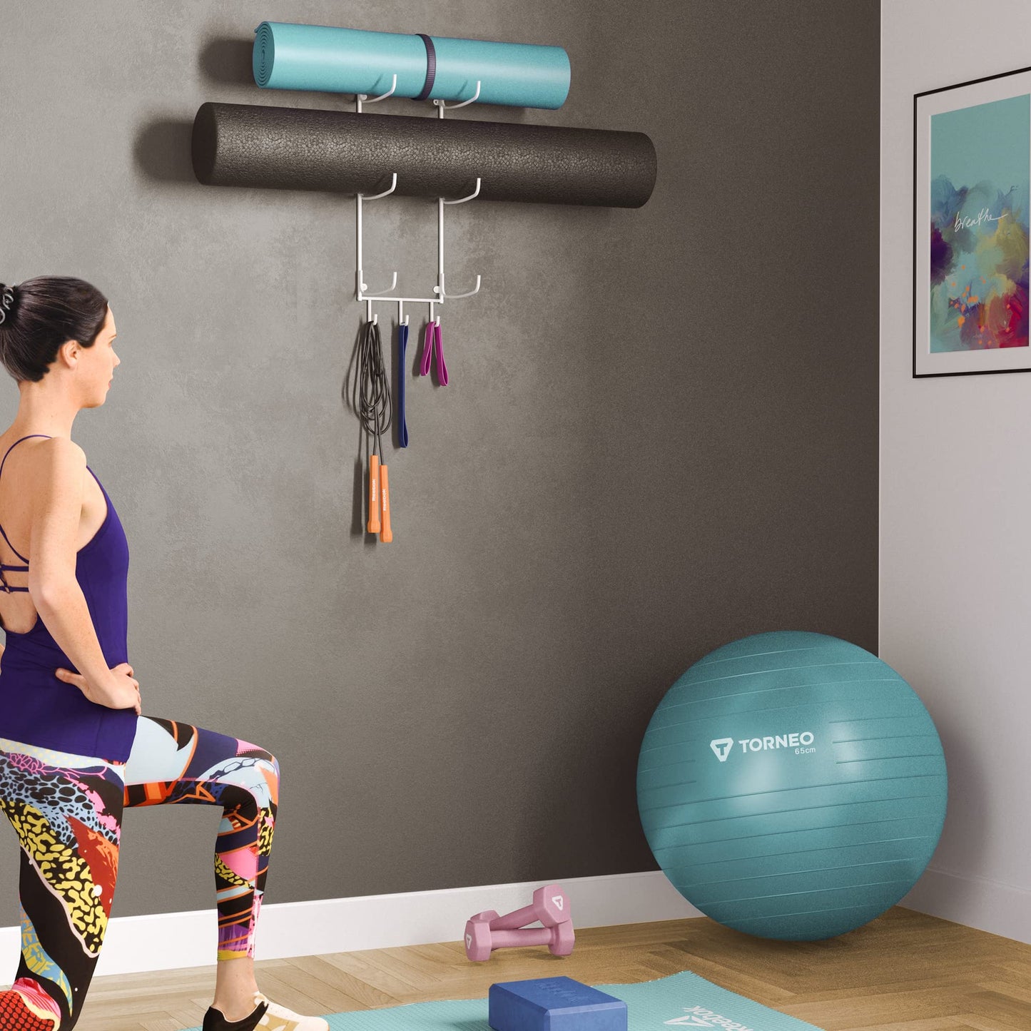 Wallniture Guru Wall Mount Yoga Mat Foam Roller and Towel Rack with 3 Hooks for Hanging Yoga Strap and Resistance Bands, 3-Sectional Metal