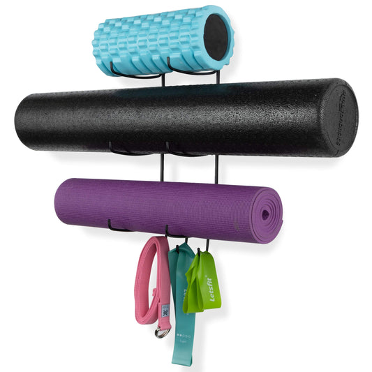 Wallniture Guru Wall Mount Yoga Mat Foam Roller and Towel Rack with 3 Hooks for Hanging Yoga Strap and Resistance Bands, 3-Sectional Metal