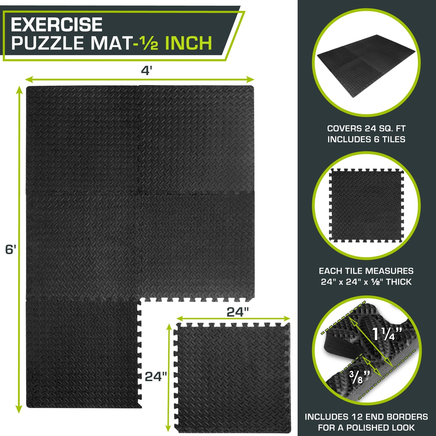 ProsourceFit Puzzle Exercise Mat ½ in, EVA Interlocking Foam Floor Tiles for Home Gym, Mat for Home Workout Equipment, Floor Padding for Kids.